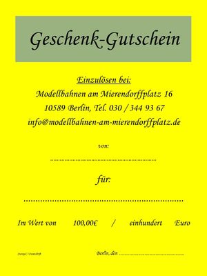 100,00€ Geschenkgutschein für Modellbahnen am Mierendorffplatz - Artikelbild