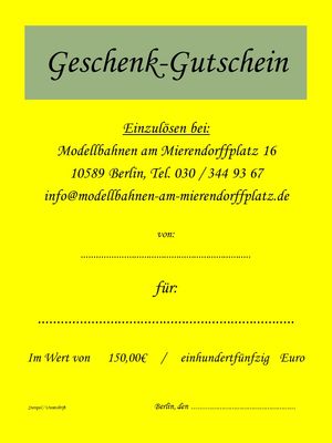 150,00€ Geschenkgutschein für Modellbahnen am Mierendorffplatz - Artikelbild