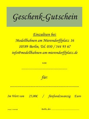 25,00€ Geschenkgutschein für Modellbahnen am Mierendorffplatz - Artikelbild