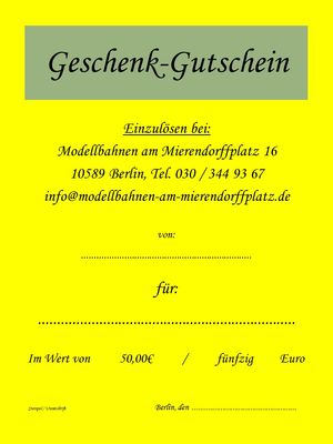 50,00€ Geschenkgutschein für Modellbahnen am Mierendorffplatz - Artikelbild